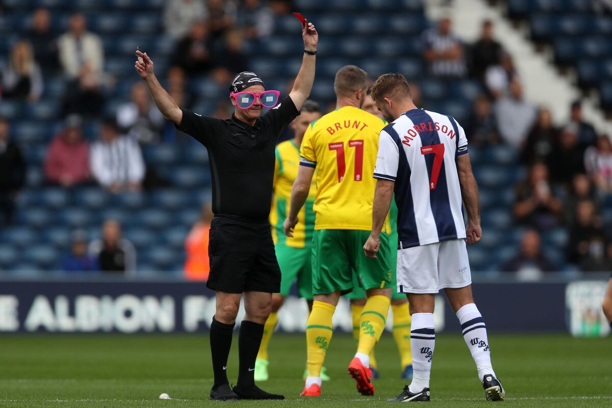 Blind Dave Heeley starts the match with a red card for Chris Brunt at The Hawthorns on September 24, 2022 in West Bromwich, England. (Photo by Adam Fradgley/West Bromwich Albion FC via Getty Images).