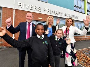 Eddie Hughes MP visits the new Rivers Primary Academy, Walsall, to mark the official opening. He is pictured with headteacher Lucy Wright, deputy CEO Dawn Hayward, and pupils Aqram Lusman and Elena Trezis, both aged 10