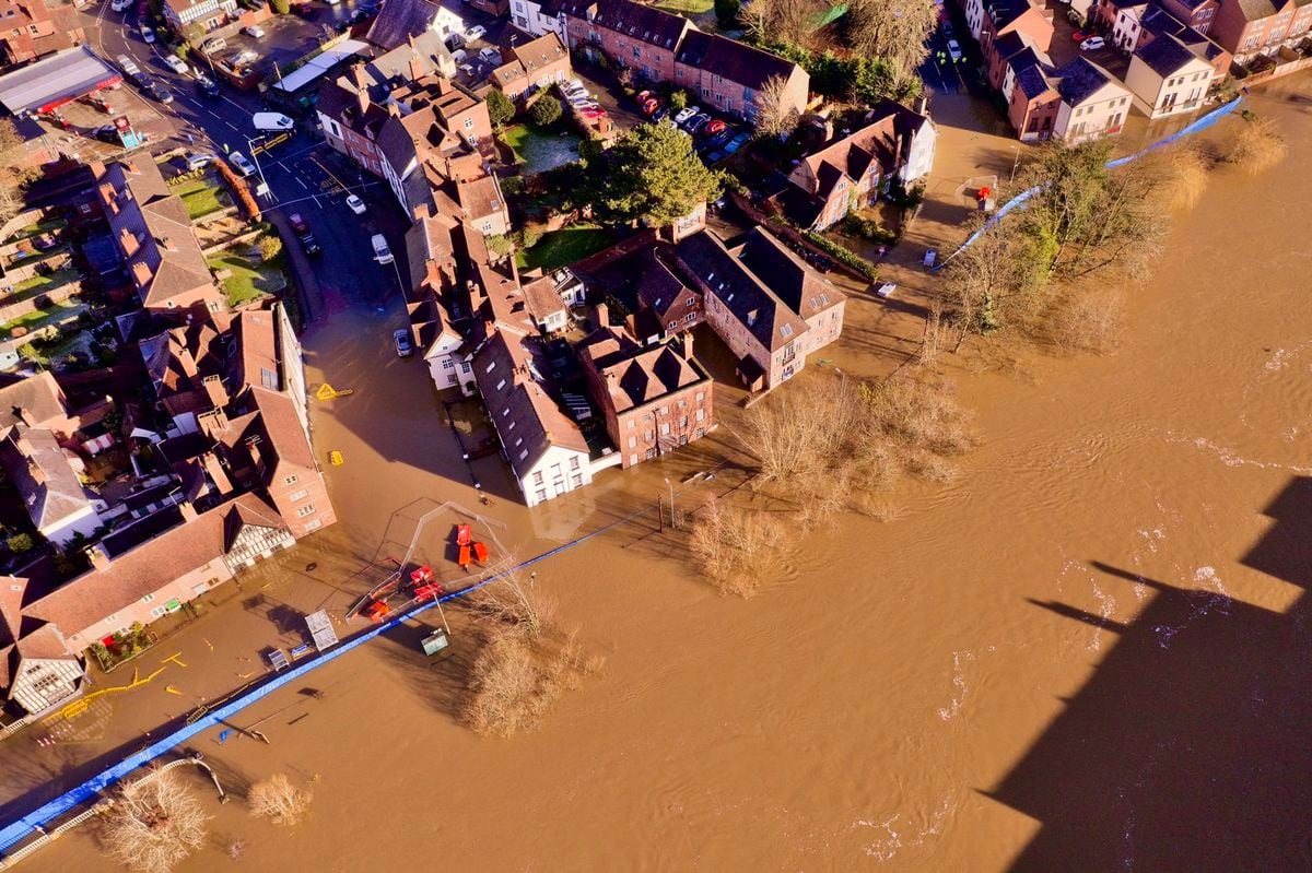 An aerial view showing the River Severn flooding in Bewdley on Saturday. Photo: Dave Throup/Environment Agency