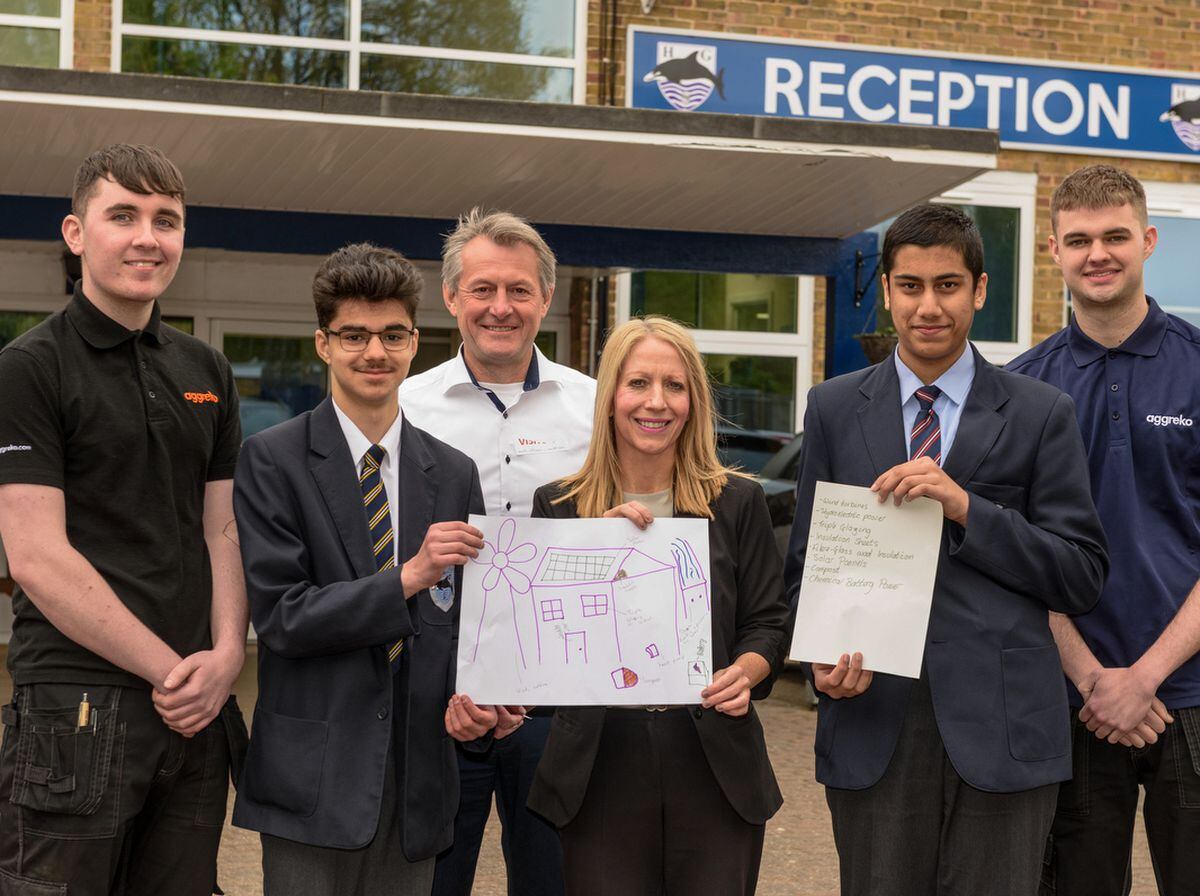 Aggreko staff Lewis Chisholm, David Taylor, Julie Green and Kris Brown with students Irfen Tayyib and Mahad Munir after a presentation to Year 11 Geography students at Hall Green School in Birmingham. Photo: Professional Images/@ProfImages