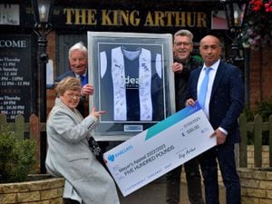 Pictured from left, The Mayor Of Walsall Councillor Rose Martin, her consort Jim Martin, Albion fan and loyal customer Paul Blick and owner of The King Arthur, Kam Chohan