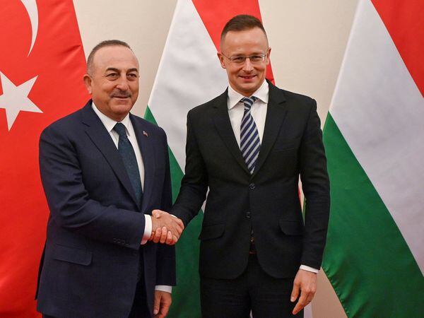 Turkish Foreign Minister Mevlut Cavusoglu with Hungarian counterpart Peter Szijjarto
