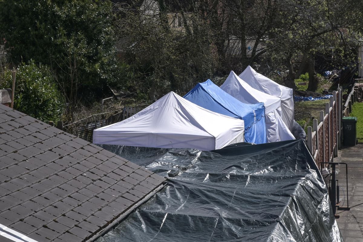 Police have erected several forensic tents the the garden and placed sheeting from the rear of the property to the tenting. Photo: SnapperSK
