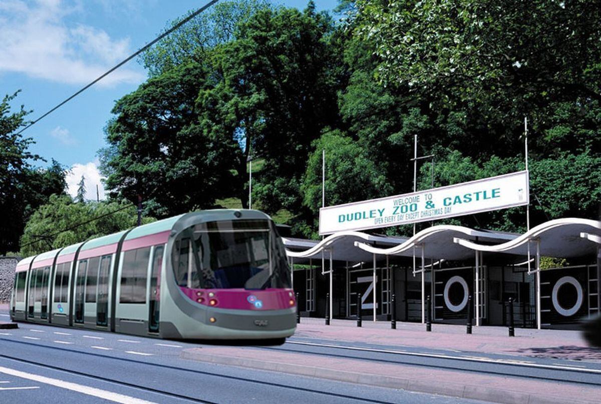 The West Midlands Metro line running past Dudley Zoo