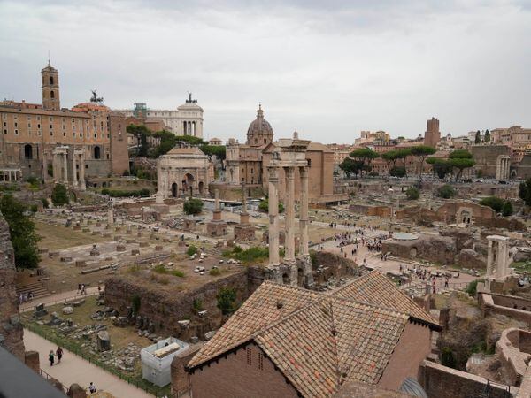 A view of the Roman Forum from a balcony of the newly restored Domus Tiberiana