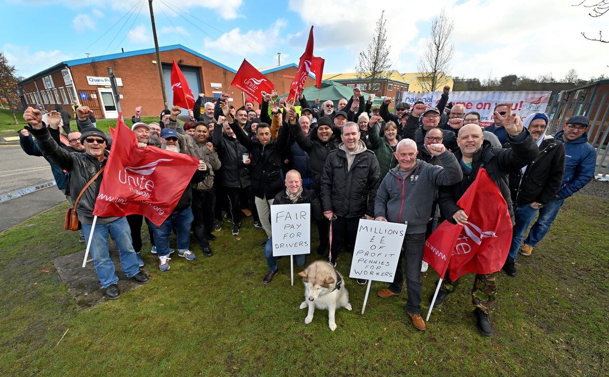 National Express strikers at the Dudley branch, at Pensnett Trading Estate, Kingswinford..