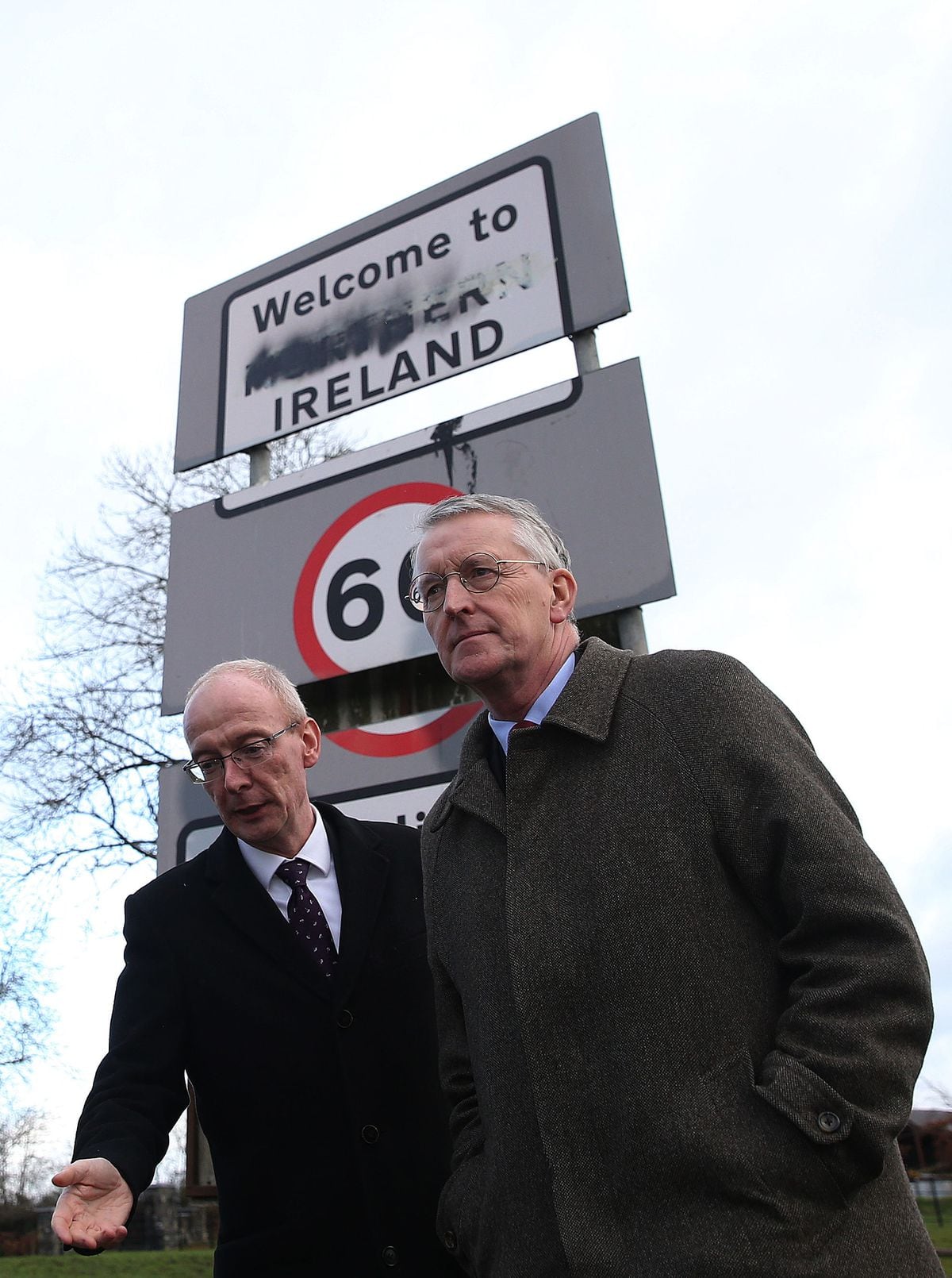 Hillary Benn (right), Chair of The House of Commons' Brexit Committee, and Pat McFadden MP at the border between Northern Ireland and the Republic of Ireland in Midd