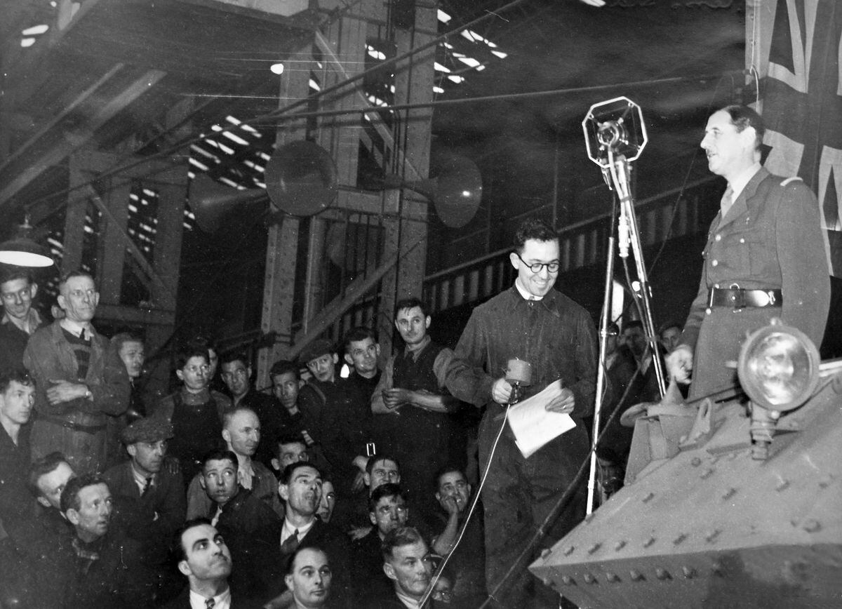 The Free French leader addresses workers at the English Electric Co factory in Stafford on Wednesday, October 22, 1941.