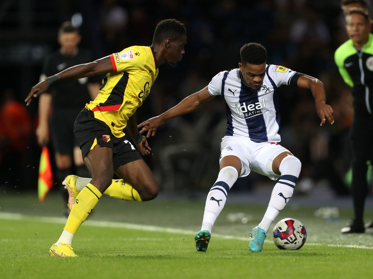 Ismaila Sarr of Watford and Grady Diangana of West Bromwich Albion during the Sky Bet Championship between West Bromwich Albion and Watford at The Hawthorns on August 8, 2022 in West Bromwich, United Kingdom. (Photo by Adam Fradgley/West Bromwich Albion FC via Getty Images).