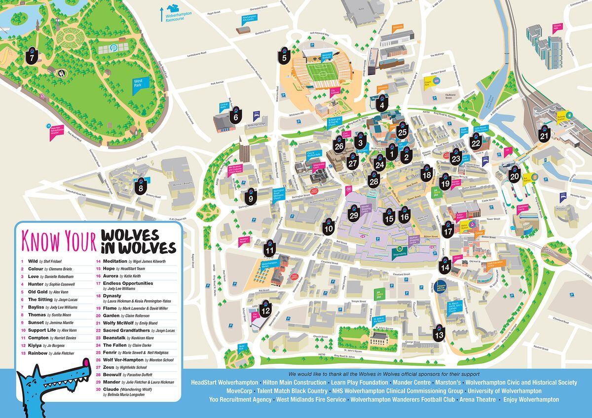 A map showing where each of the 30 wolves are placed around Wolverhampton