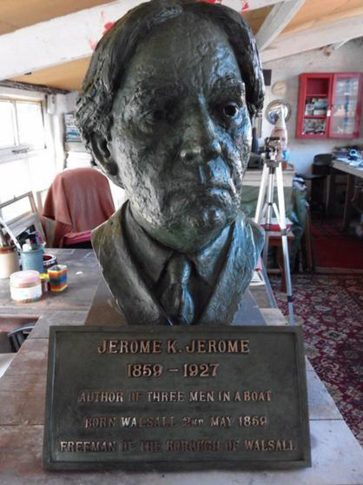 A bust of Jerome K Jerome, before it was installed at Walsall Arboretum