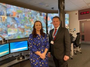 Councillor Laura Taylor-Childs and Councillor Steve Clark at Dudley Council's CCTV room. Copyright Rhi Storer. 