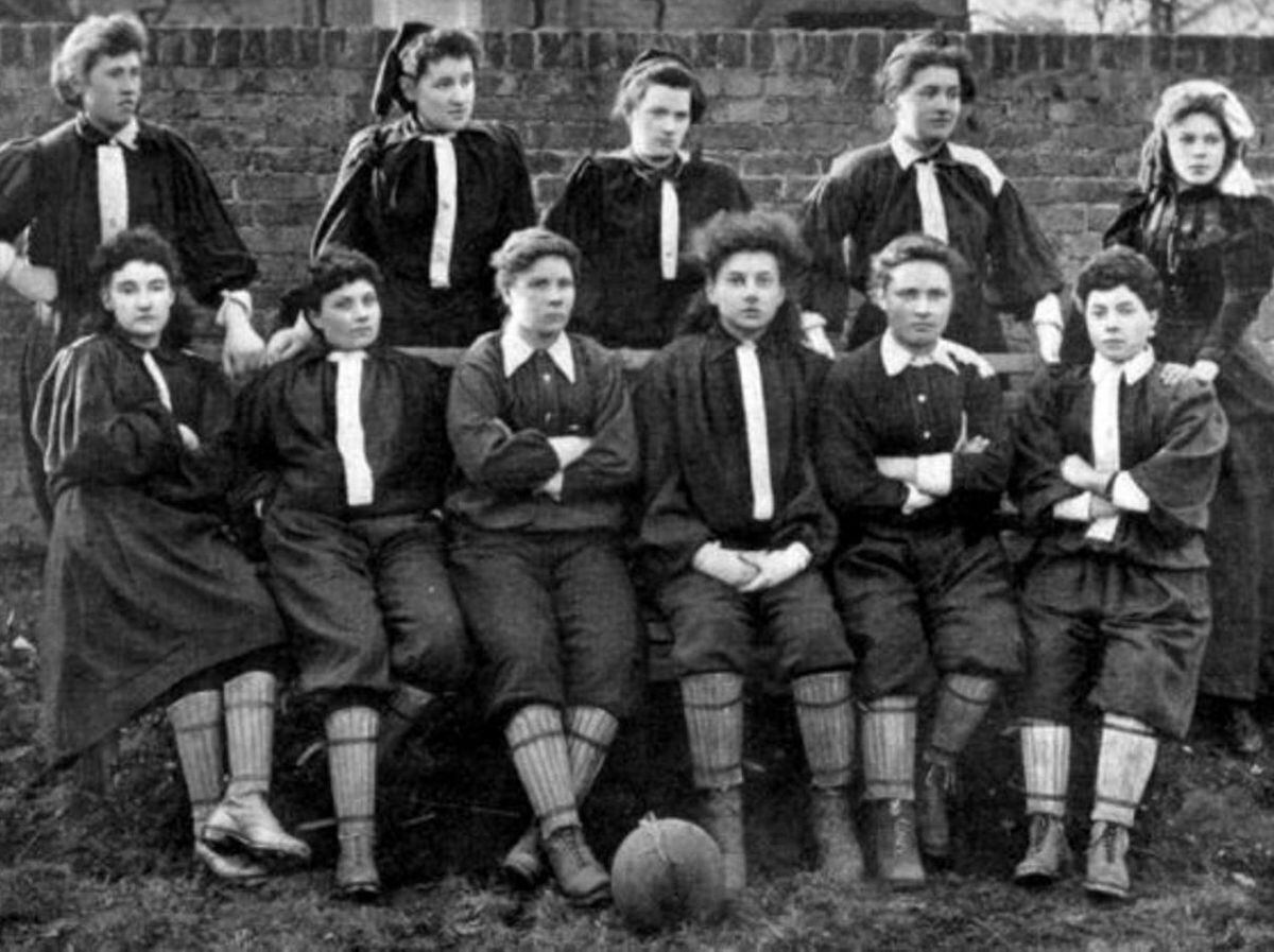 The original image of The British Ladies’ FC in 1895, formed by captain and pioneer Nettie Honeyball, inset below