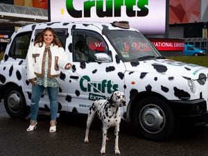 Scarlett Moffatt holds a Dalmatian by a Crufts themed taxi at the Birmingham National Exhibition Centre (NEC), Birmingham, to launch the forthcoming Crufts Dog Show. PA Photo. Picture date: Tuesday March 3, 2020. Photo credit should read: Jacob King/PA Wire.