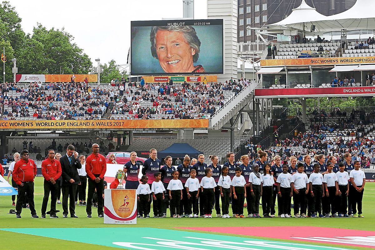 The match began with a tribute on the big screens to women’s cricket pioneer Rachael Heyhoe Flint. Picture: Clare 