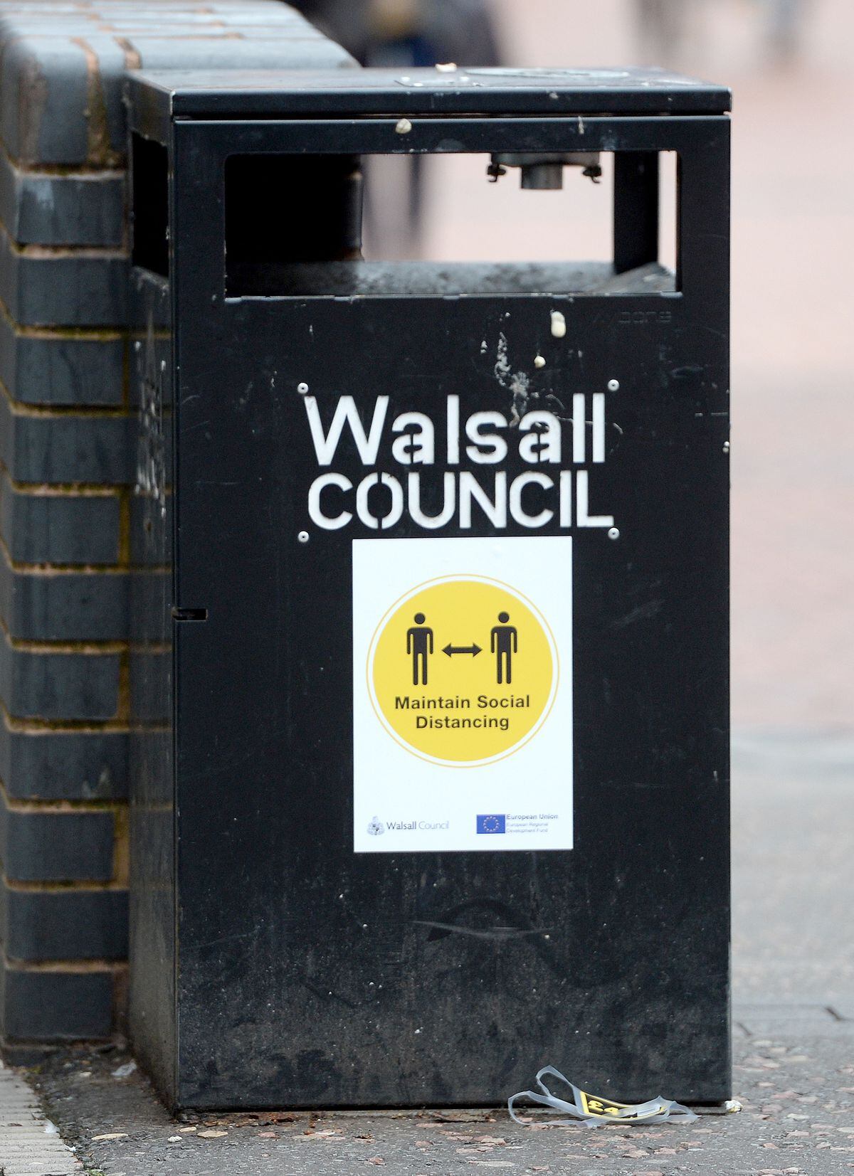 A new social distancing message on a Walsall Council bin