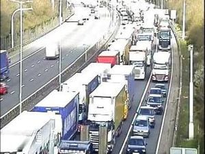 Traffic was still backed up on the M6 southbound near Wolverhampton at 10.30am. Photo: Highways England