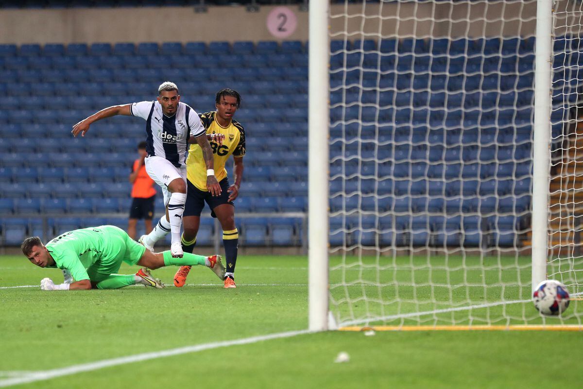 OXFORD, ENGLAND - JULY 19: Karlan Grant of West Bromwich Albion scores a goal to make it 0-1 at Kassam Stadium on July 19, 2022 in Oxford, England. (Photo by Adam Fradgley/West Bromwich Albion FC via Getty Images).