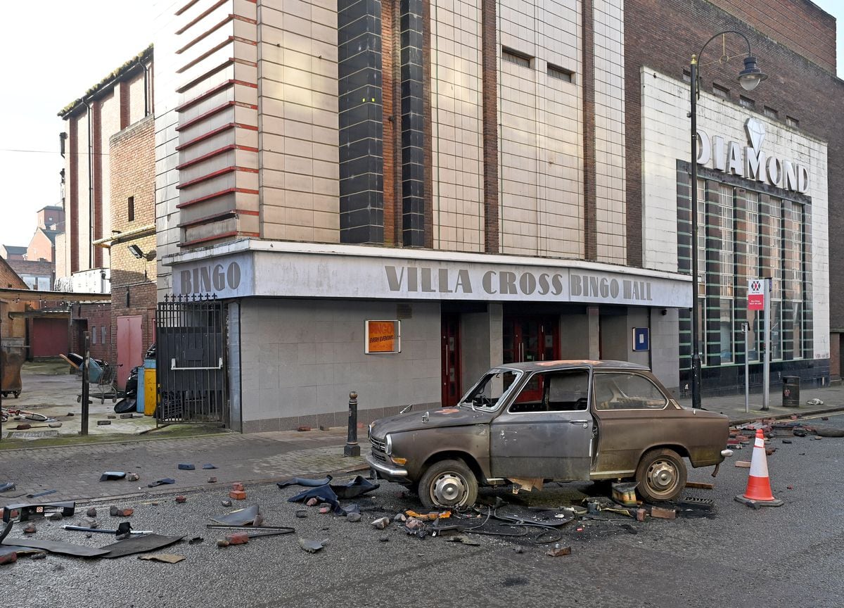 The aftermath of a riot scene for This Town. Skinner Street, Wolverhampton, is transformed for the series..