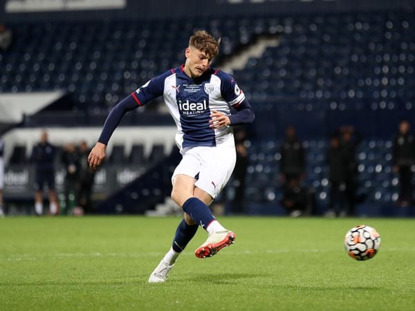 Caleb Taylor of West Bromwich Albion takes and misses his penalty kick as the game ended 2-2 after extra time in the West Bromwich Albion U23 v Wolverhampton Wanderers U23: Premier League Cup Final at The Hawthorns on May 13, 2022 in West Bromwich, England. (Photo by Adam Fradgley/West Bromwich Albion FC via Getty Images).
