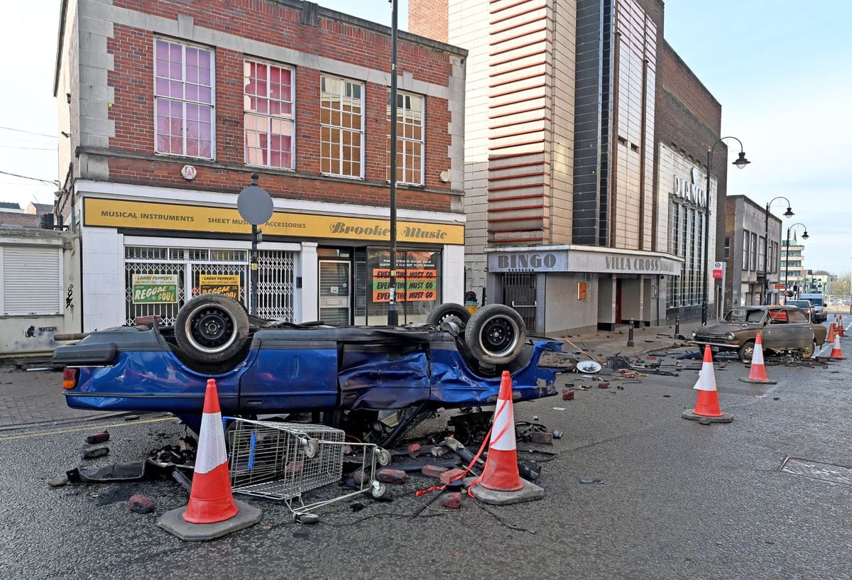 The aftermath of a riot scene for BBC's This Town. Skinner Street, Wolverhampton