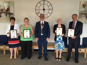 Cannock Chase Council chairman Martyn Buttery, centre, With Honorary Alderwomen Hyra Autton, Christine Martin, Muriel Davis and Honorary Alderman George Adamson