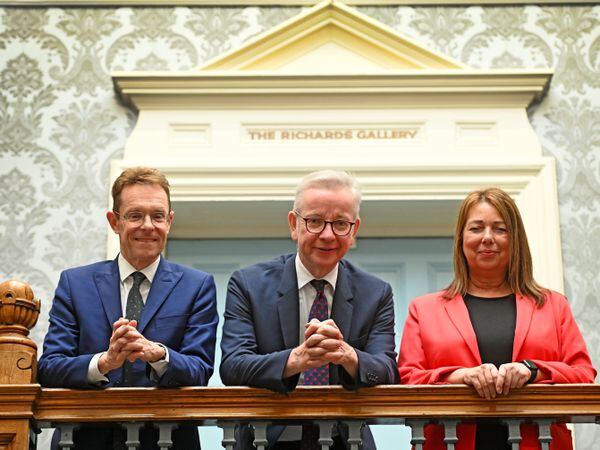 Michael Gove announcing Levelling Up project at Wednesbury Museum and Art Gallery along with West Midlands Mayor Andy Street and Councillor Kerrie Carmichael, leader of Sandwell Council