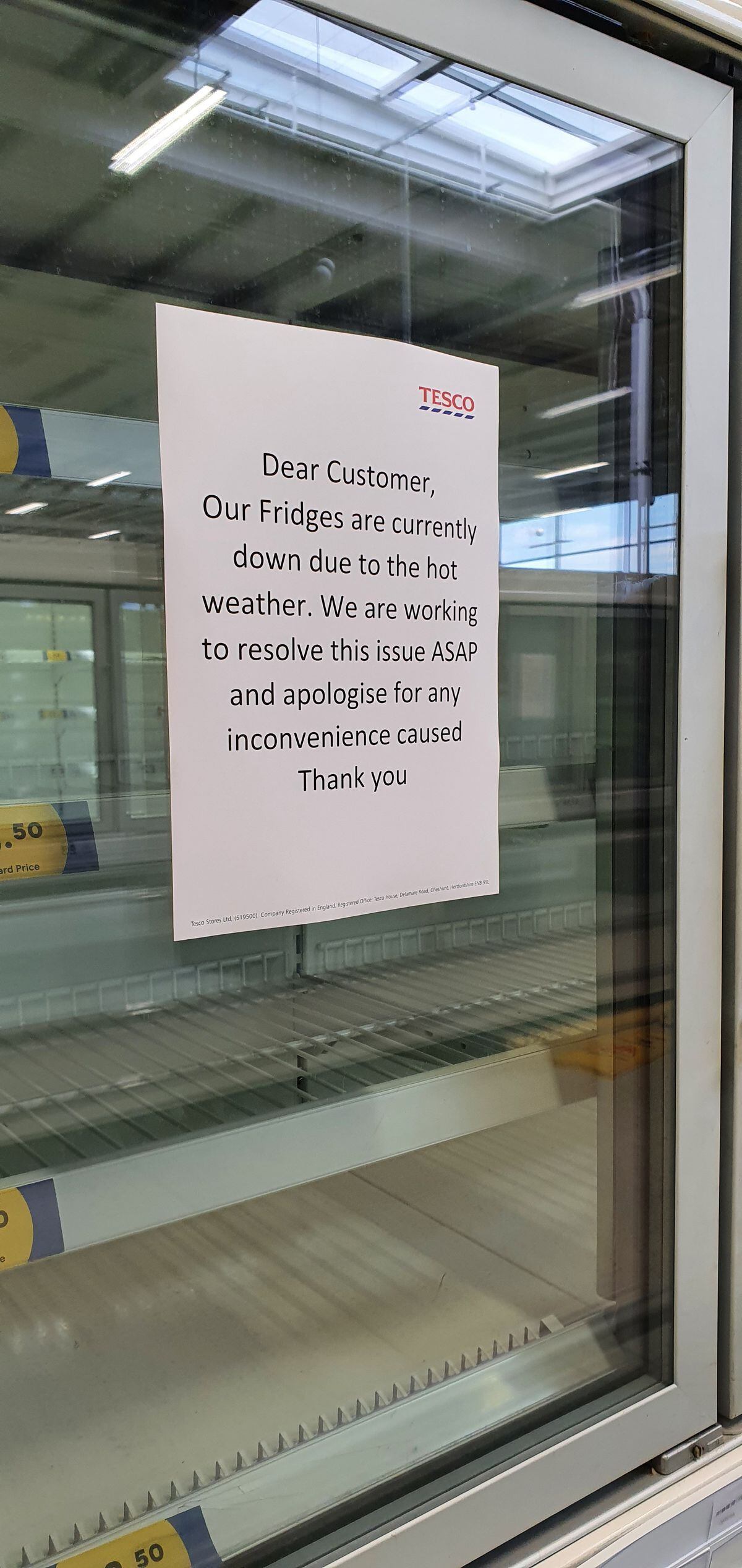 Tesco put up messages to apologise for any issues caused