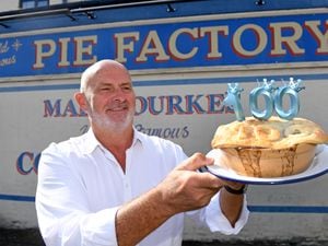 Pete Towler, owner of Mad O'Rourke's Pie Factory, Tipton, celebrates the centenary.