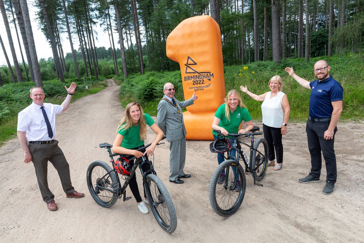 Johnathan Price (Staffordshire County Council), Laura Howard (Forestry England), Doug Smith (Cannock Chase District Council), Laura Freer (Forestry England),  Adrienne Fitzgerald (Cannock Chase District Council) and Colin Walker (British Cycling) all pictured at Cannock Chase one year ahead of the games taking place. Picture by Shaun Fellows / Shine Pix Ltd