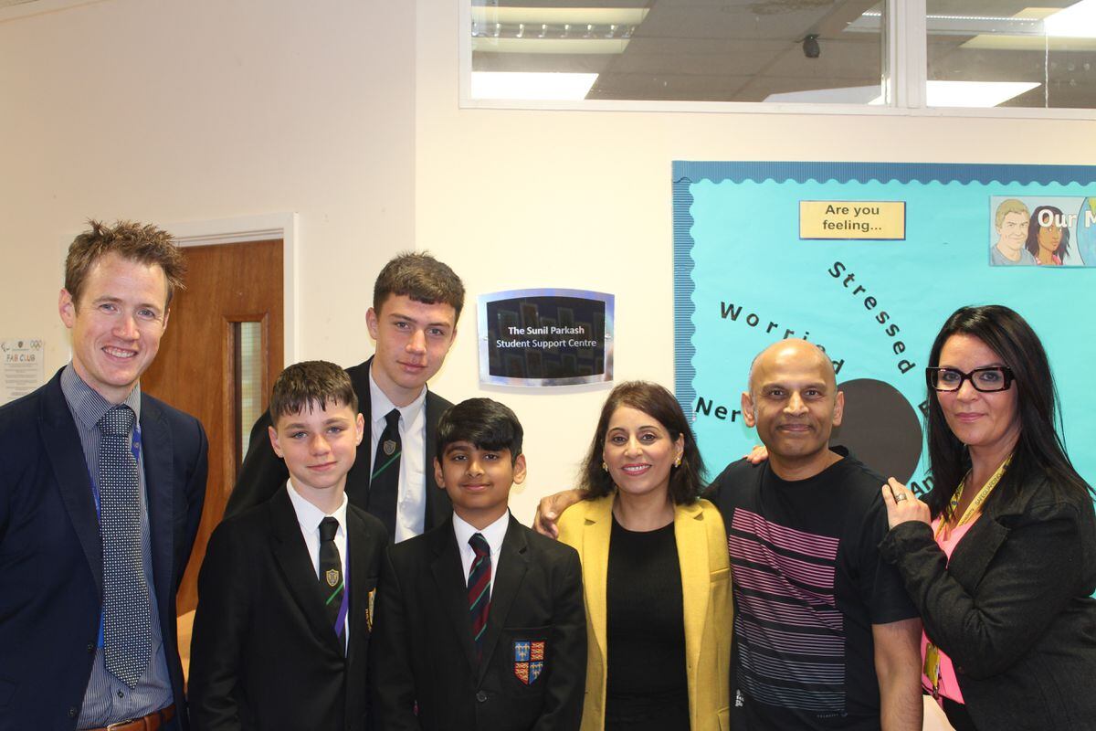 Jonny Boyes, assistant head of Year 11/Team Streetly organiser, Jim Spence, Year 7,  Alfie Bunch, Year 10, Sunil’s brother Ravi Parkash, mother Sindy, father Anil Parkash and Paula Wiley, SendCo
