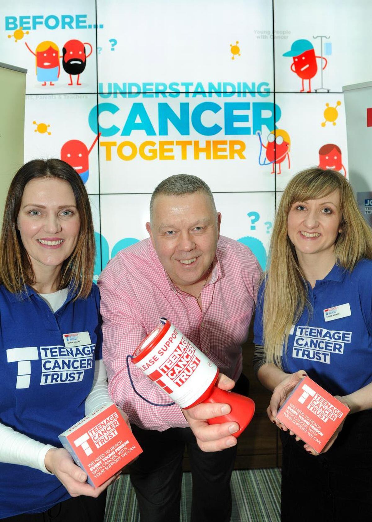 From left, Grace Higgins (Teenage Cancer Trust), Tim Jones (Higgs & Sons) and Louise Walker (Teenage Cancer Trust). Photo taken prior to Covid-19 social distancing