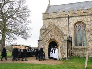 The coffin of former speaker of the House of Commons Betty Boothroyd is carried into St George’s Church, Thriplow, Cambridgeshire