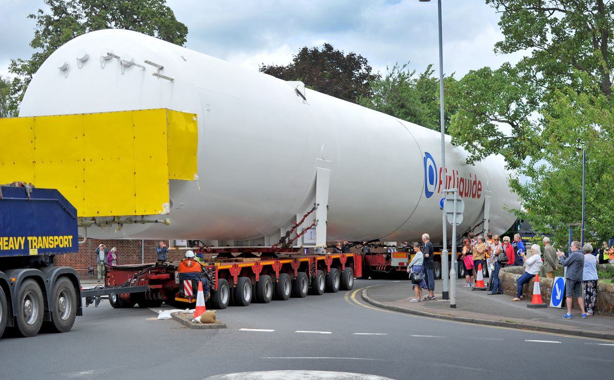 One of the earlier oxygen tanks navigates its way through Rugeley town centre