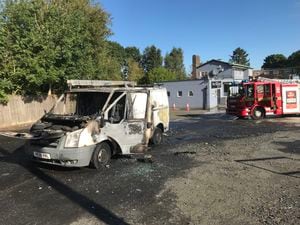 The burned-out van fire outside the Perry Hill Tavern. Photo: Oldbury Fire Station.