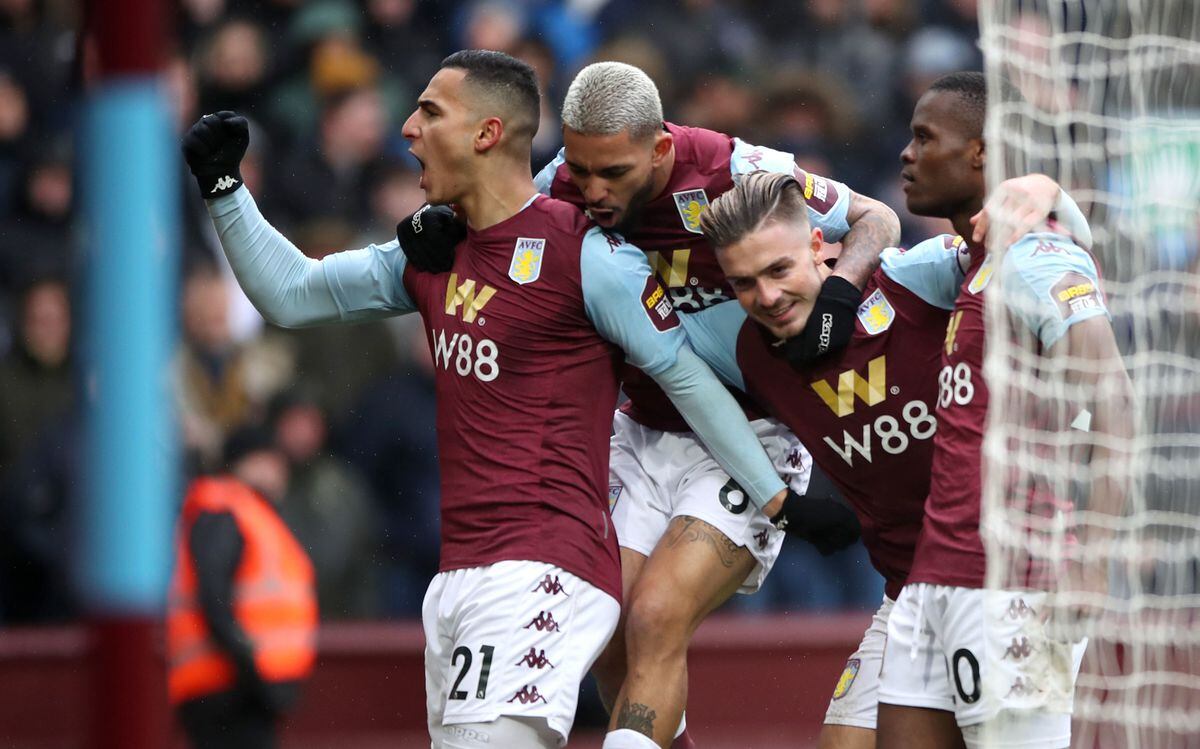 Aston Villa celebrate after Tottenham Hotspur's Toby Alderweireld (not pictured) scores an own goal 