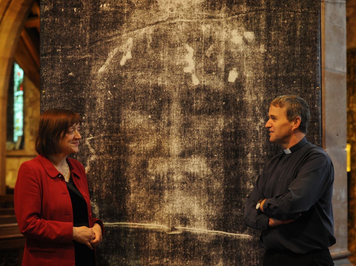 Looking at a replica of the Turin Shroud, exhibiton curator Pam Moon, with husband Rev Phil Moon, at St Mary and St Chad church, Brewood