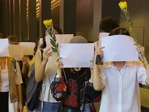 Protesters hold up blank white papers during a commemoration for victims of a recent Urumqi deadly fire at the Chinese University of Hong Kong in Hong Kong on Monday