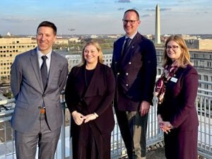 Carl Richardson, second right, in Washington DC with Dean Alyssa Ayres, right, Lisa Schroeter and Remi Jedwab, the IIEP director