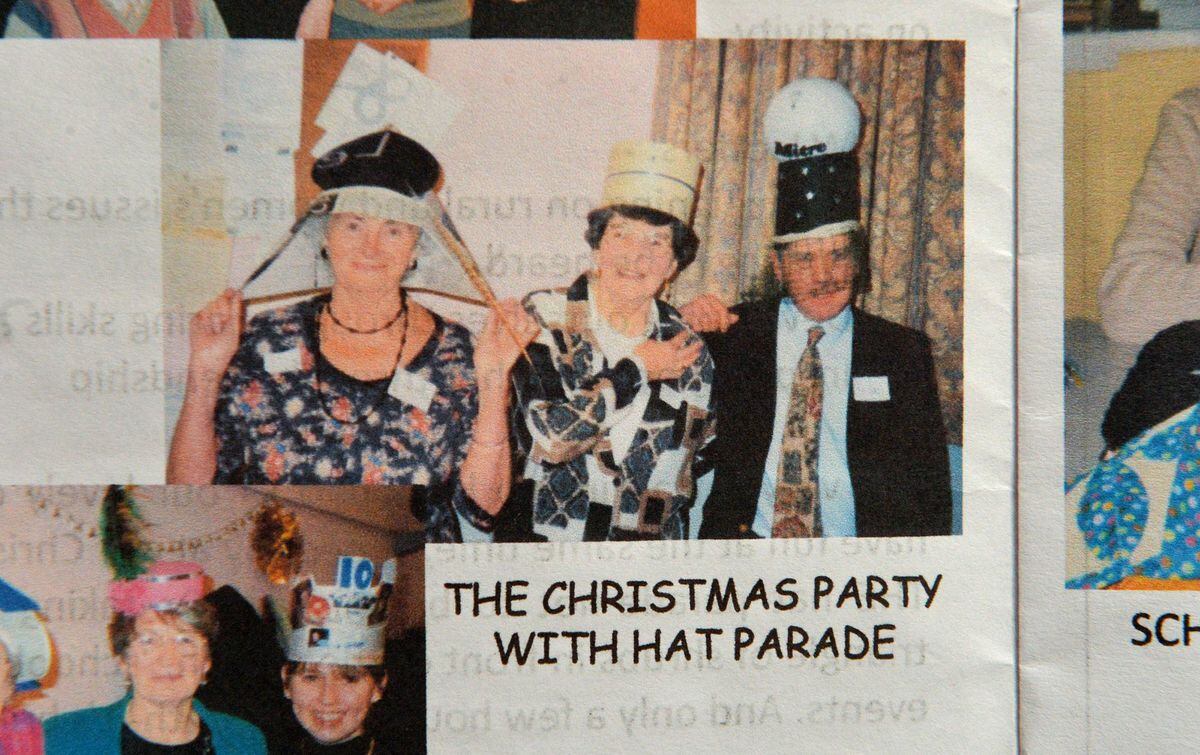 Mucklestone WI's Christmas party hat parade 1980's, Barbara Whalley, Eunice Armstrong and Jim Furnival