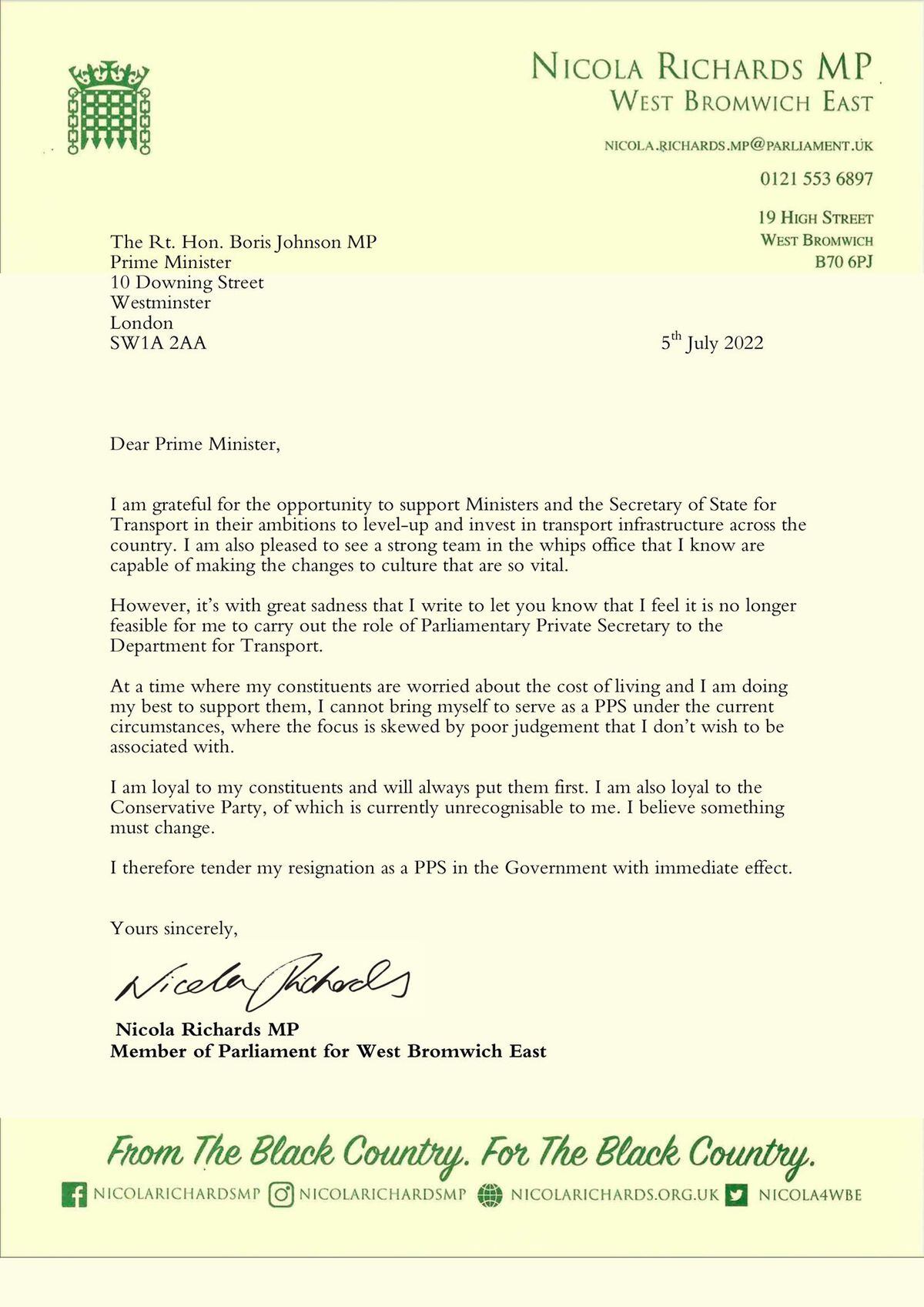 Nicola Richards' resignation letter 