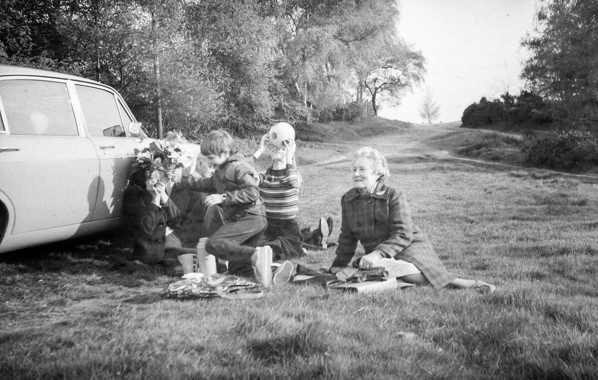 The siblings are pictured here in around 1974 with their grandparents having a picnic at the park