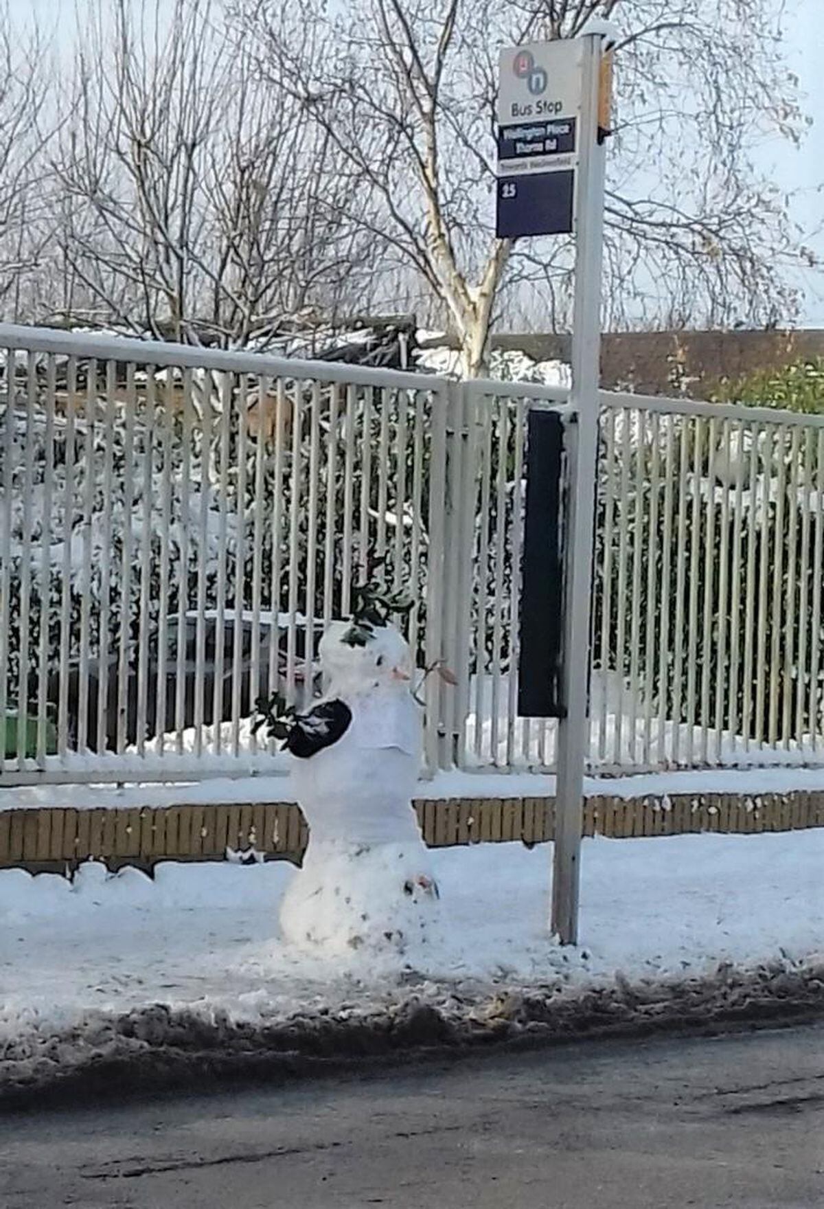 Diane Simpson took this picture of a snowman waiting for a bus in Willenhall