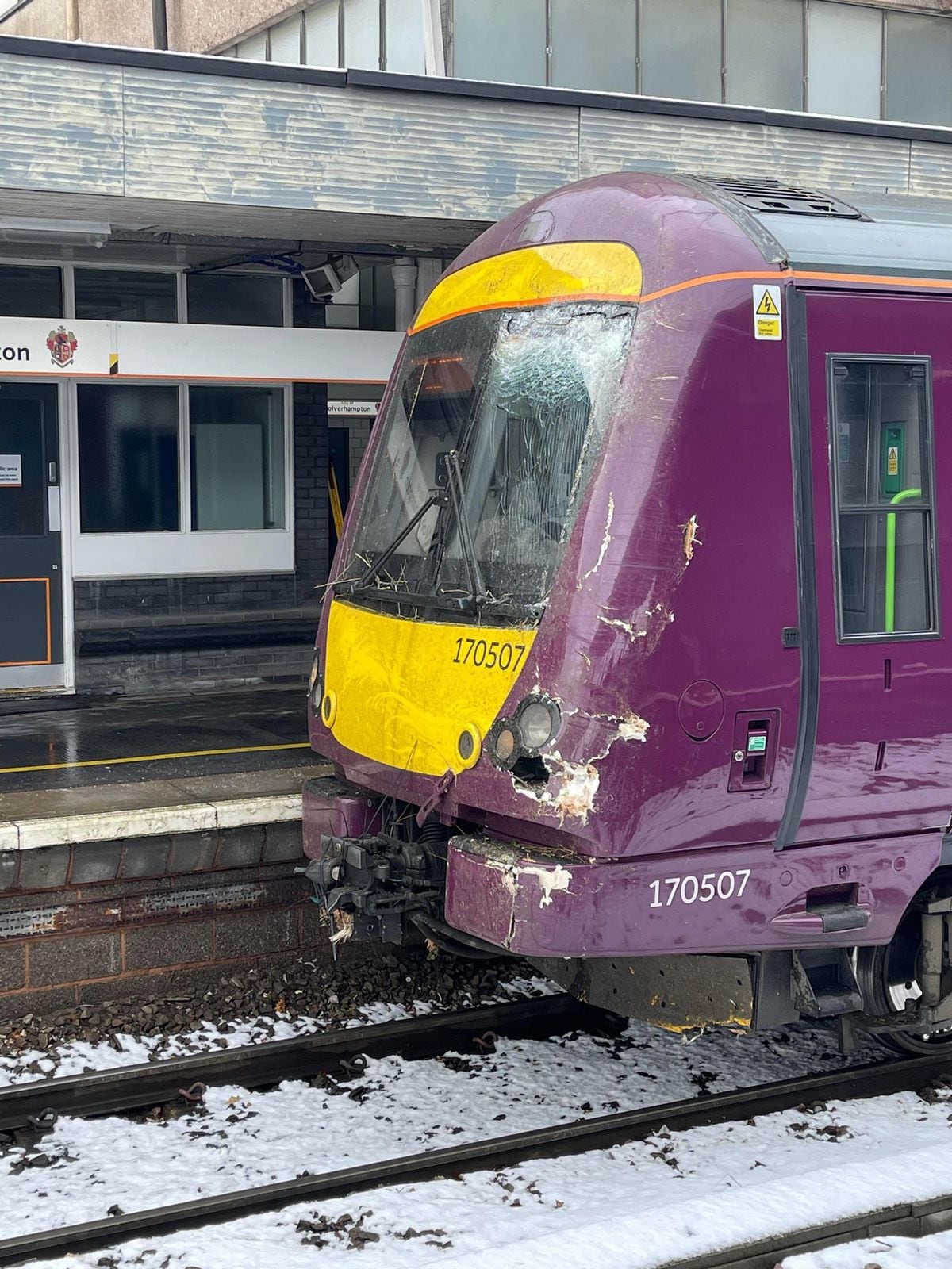 A damaged train at Wolverhampton Railway Station