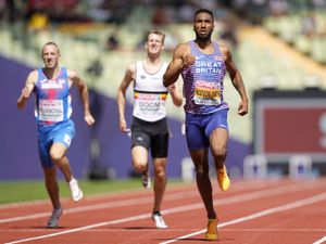 Matthew Hudson-Smith, of Great Britain, wins a Men's 400 meters semifinal during the athletics competition in the Olympic Stadium at the European Championships in Munich, Germany, Tuesday, Aug. 16, 2022. (AP Photo/Martin Meissner).