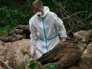 A member of an extraction crew works during an exhumation at a mass grave near Bucha, on the outskirts of Kyiv, Ukraine, on Monday June 13 2022 (Natacha Pisarenko/AP)