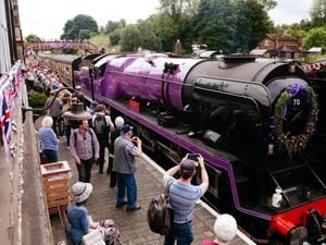 The arriving purple Elizabeth II is the centre of attention in Bridgnorth