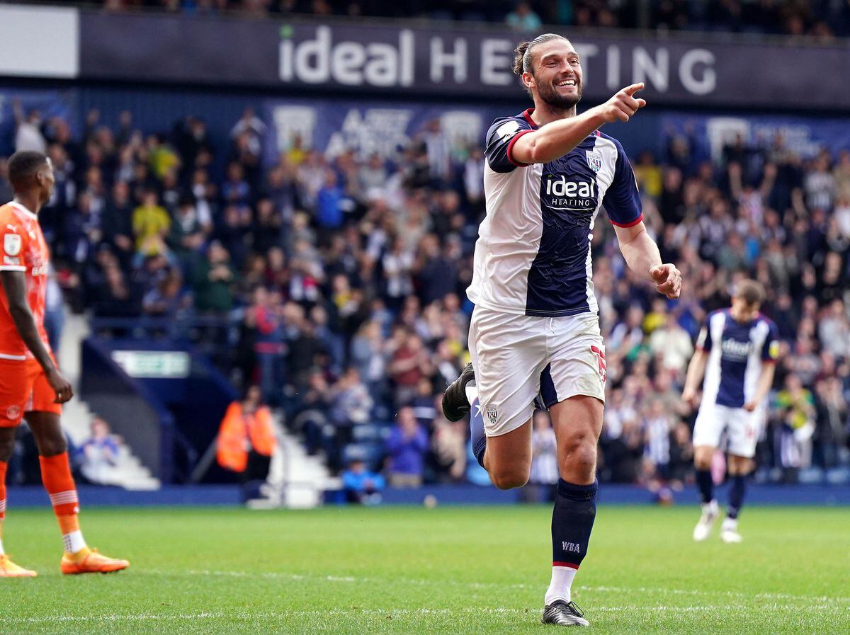 West Bromwich Albion's Andy Carroll celebrates scoring their side's first goal of the game during the Sky Bet Championship match at The Hawthorns, West Bromwich. Picture date: Friday April 15, 2022. PA Photo. See PA story SOCCER West Brom. Photo credit should read: Jacob King/PA Wire...RESTRICTIONS: EDITORIAL USE ONLY No use with unauthorised audio, video, data, fixture lists, club/league logos or "live" services. Online in-match use limited to 120 images, no video emulation. No use in betting, games or single club/league/player publications...