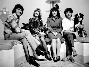 Peter Purves, Lesley Judd, Valerie Singleton and John Noakes with his beloved Shep