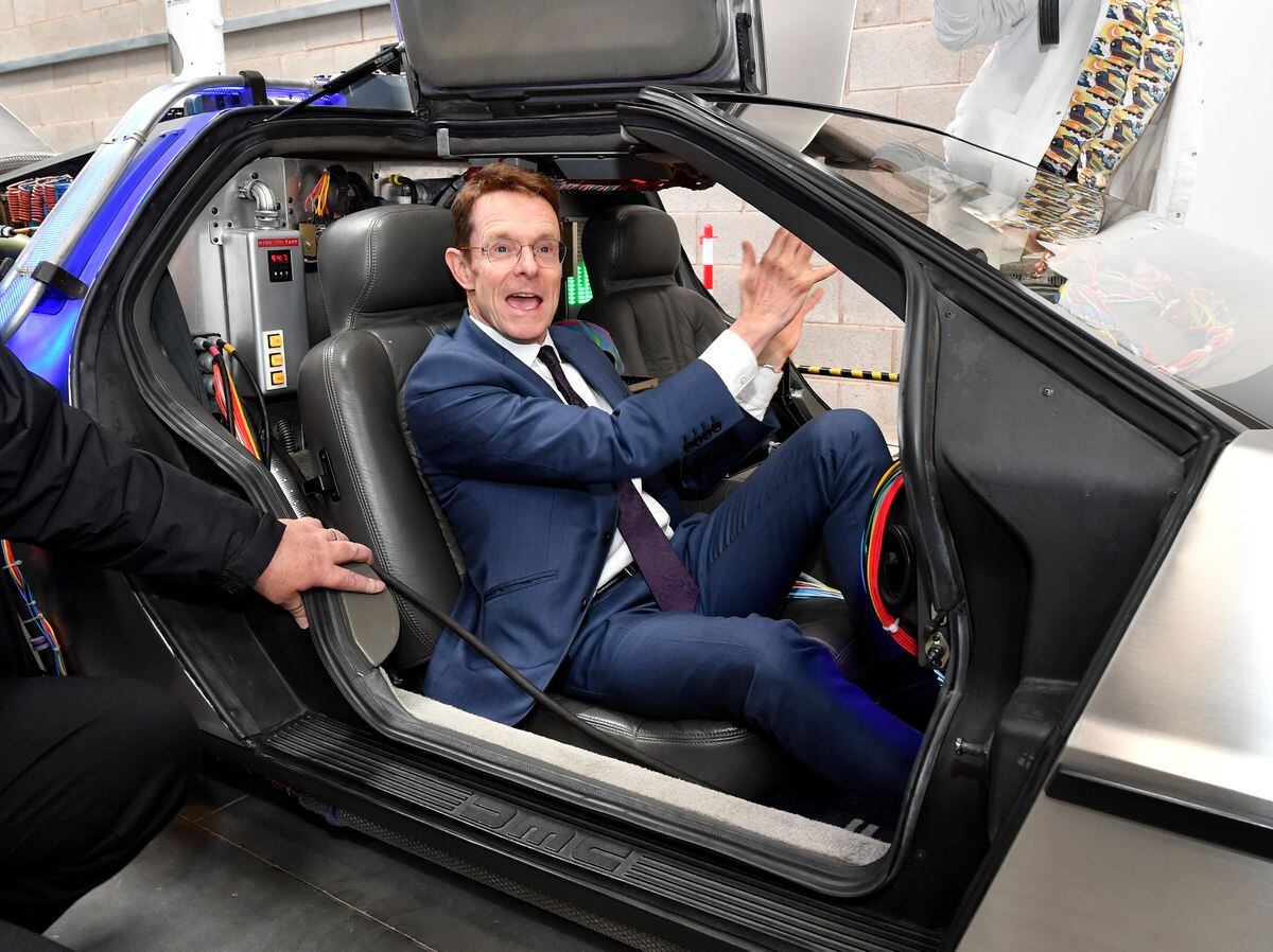 Mayor Andy Street arrives in the Back to the Future DeLorean